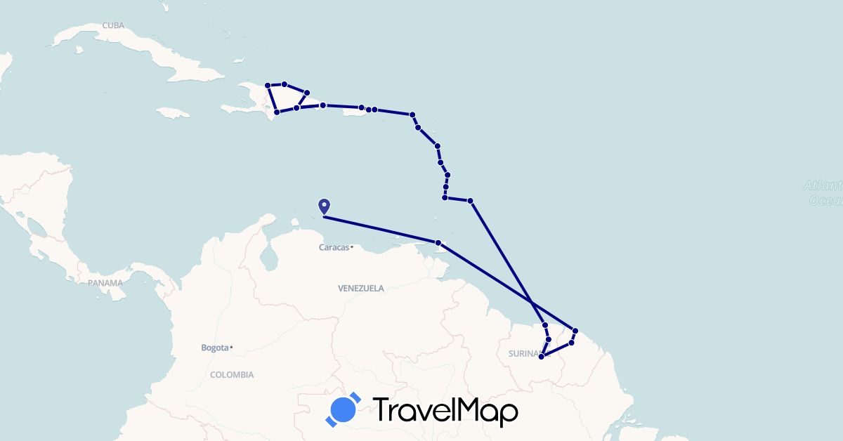 TravelMap itinerary: driving in Barbados, Dominica, Dominican Republic, Spain, France, Saint Kitts and Nevis, Saint Lucia, Netherlands, Suriname, Trinidad and Tobago, United States, Saint Vincent and the Grenadines (Europe, North America, South America)